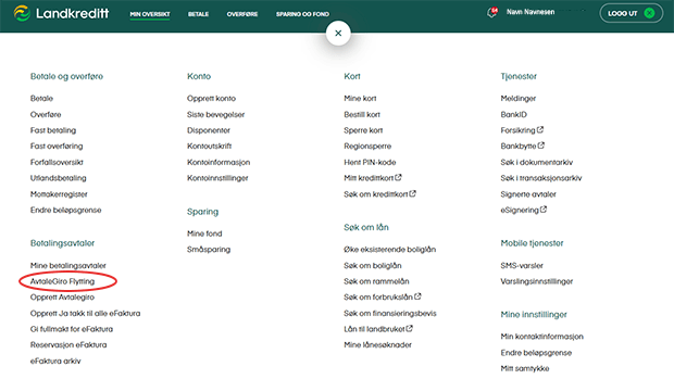 Hovedmenyen i nettbanken.